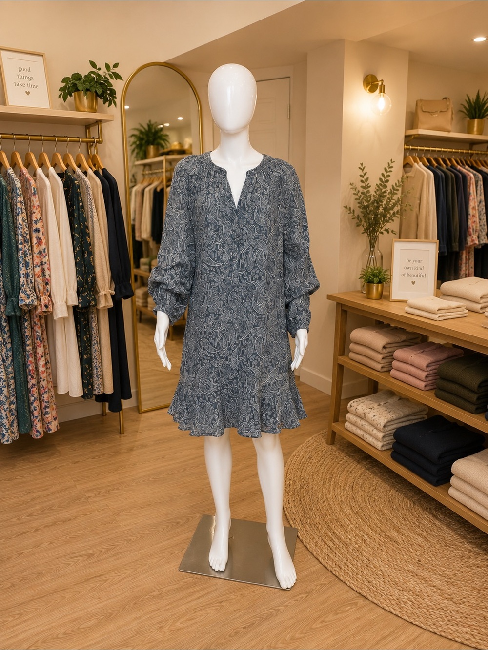 NWOT LOFT Slate Blue Paisley Ruffle-Hem Mini Dress